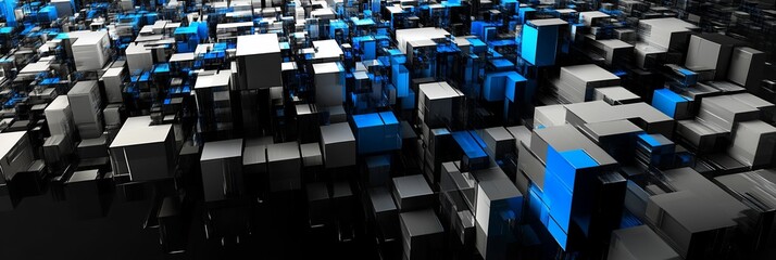 Poster - Abstract 3D rendering of a chaotic array of cubes in shades of gray and blue.
