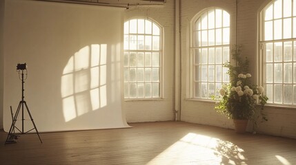Poster - Sunlit photography studio interior with white backdrop, large windows, wooden floor, and potted plant.