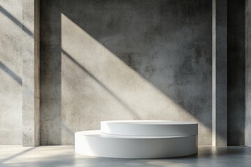Poster - Two-tiered white display podium in a sunlit, grunge concrete room.