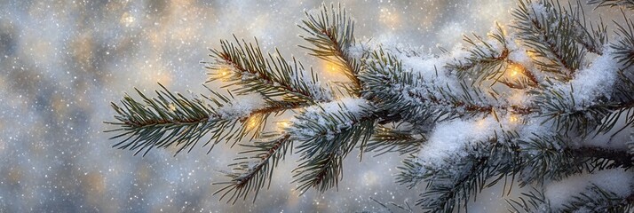 Poster - Snow-covered pine branch with warm lights, winter bokeh background.