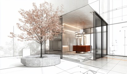 Poster - Architectural design rendering showing building lobby with tree and glass walls.