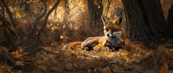 Poster - Red fox resting amidst autumn leaves in a sunlit forest.