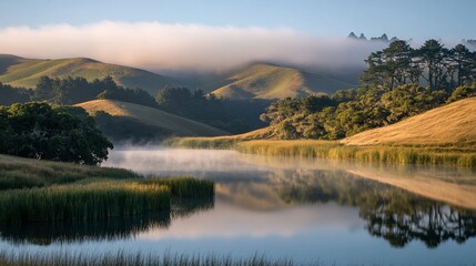 Poster - Serene sunrise over misty lake reflecting rolling hills and lush vegetation.