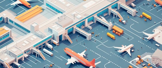 Aufkleber - Isometric illustration of a busy airport terminal with airplanes, ground transportation, and people.
