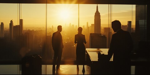 Aufkleber - Silhouetted businesspeople meeting at sunrise overlooking cityscape.