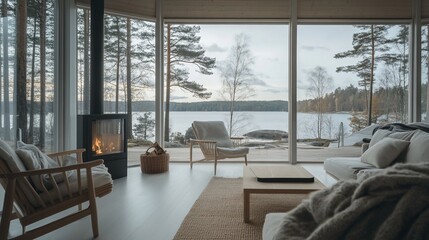 Poster - Cozy living room with fireplace and lake view.