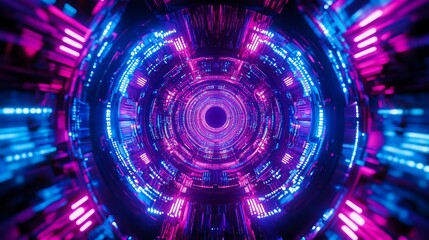 Aufkleber - Futuristic neon tunnel with vibrant pink and blue lights, creating a circular, symmetrical pattern.