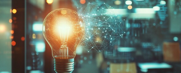 Poster - Glowing lightbulb with network connections, innovation concept.