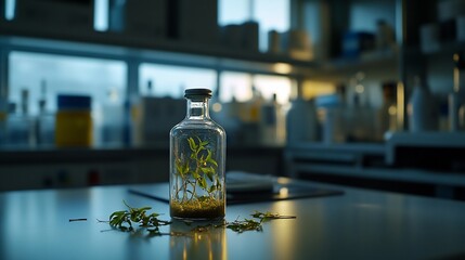 Poster - A small plant sprouts inside a glass bottle on a lab table.  The background is blurred, showing a scientific laboratory setting.