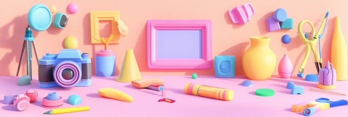 Poster - Pastel-colored creative studio still life with camera, art supplies, and geometric shapes.