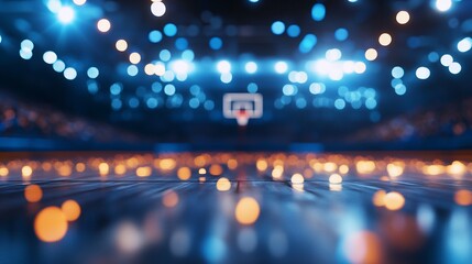 Poster - Empty basketball court at night, illuminated by spotlights.