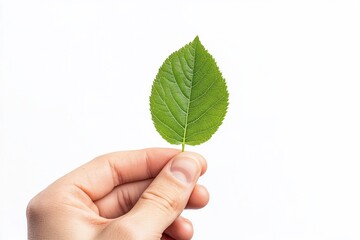 Poster - A hand holding a single vibrant green leaf against a white background.