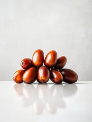 Poster - Close-up of a pile of shiny, dark red jujubes on a reflective white surface against a light gray background.