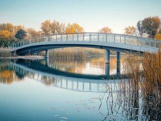 Poster - Modern arched bridge over calm lake reflecting autumn trees.