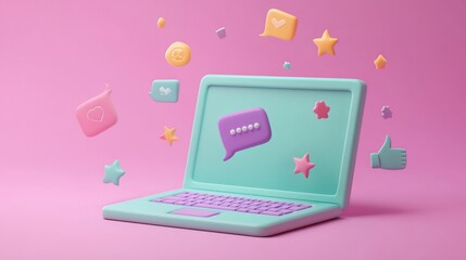 Aufkleber - Pastel laptop with floating social media icons; likes, comments, stars.