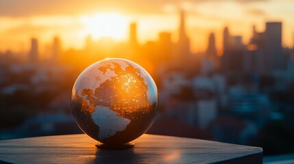 Poster - Sunset cityscape backdrop with a reflective globe.