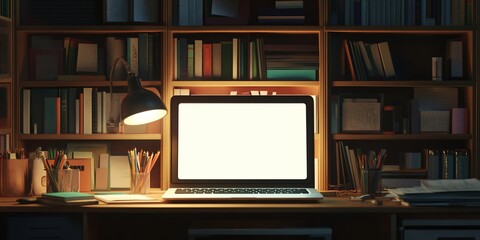 Poster - Laptop on desk in dimly lit library.