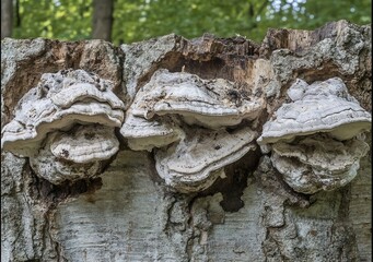 Poster - Three shelf fungi grow on decaying tree trunk in forest.