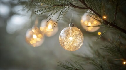 Poster - Illuminated glass ornaments hanging on a pine tree branch, creating a warm, festive glow.