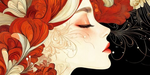 Wall Mural - Artistic depiction of a woman with flowing red hair adorned with intricate floral patterns against a dark background, highlighting elegance and creativity