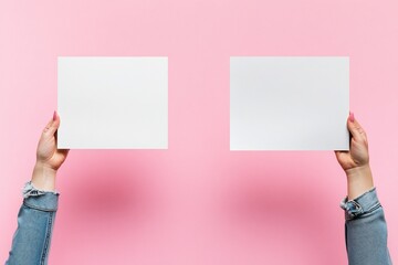 Poster - Two blank white cards held by hands against a pink background.