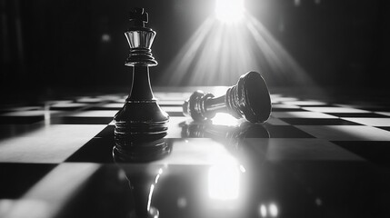 Poster - Chessboard with victorious king piece standing over defeated opponent in dramatic low-key lighting.
