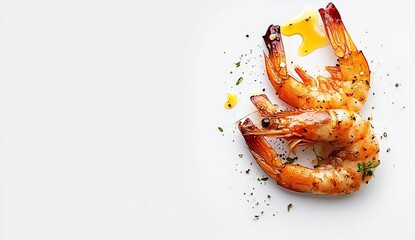 Poster - Grilled shrimp with herbs and spices on white background.