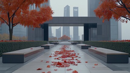 Poster - Autumnal cityscape scene Red leaves scattered on a pathway between modern buildings and vibrant trees.