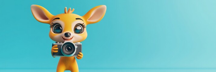 Poster - Cute cartoon fawn holding a camera against a blue background.