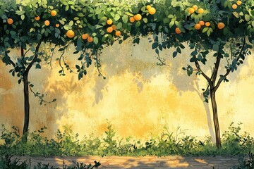 Wall Mural - Lush Orange Trees Casting Sunlit Shadows on a Rustic Wall in a Tranquil Outdoor Garden Scene with Verdant Greenery and Ripening Oranges Underneath a Soft Sunlit Sky