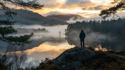 Poster - Man silhouetted against a stunning sunrise over a misty lake, mountains and forest.