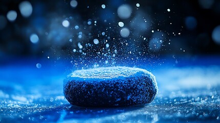 Aufkleber - Close-up of a frosted puck on ice with motion blur, suggesting speed and energy.