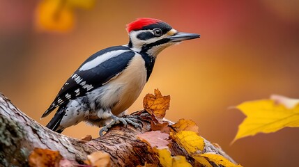 Poster - Pileated woodpecker perched on a branch amidst autumn leaves.