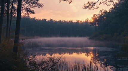Aufkleber - Misty sunrise over serene forest lake reflecting colorful sky.