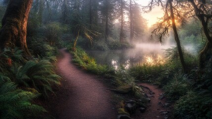Poster - Misty sunrise path through lush forest, winding trail by tranquil pond.