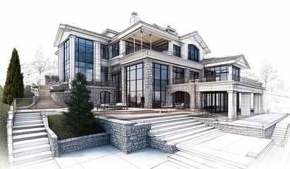 Poster - Architectural rendering of a luxurious two-story house with stone facade, large windows, and tiered landscaping.