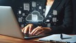 © KenPix - Hands typing on laptop keyboard, holographic cloud computing icons floating above, dark office setting, futuristic technology concept, blue glowing digital symbols, cybersecurity visualization, close-