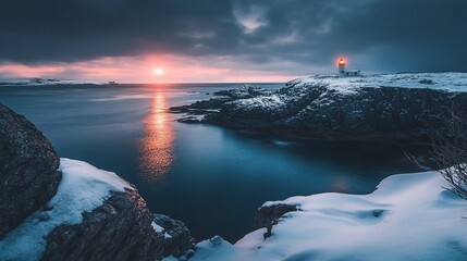 Poster - Dramatic sunset over snow-covered coastline with lighthouse.