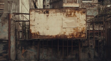 Poster - Rusty, weathered billboard attached to a dilapidated building, featuring a blank, aged paper insert.