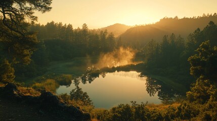 Aufkleber - Misty sunrise over a serene forest lake reflecting the golden light.