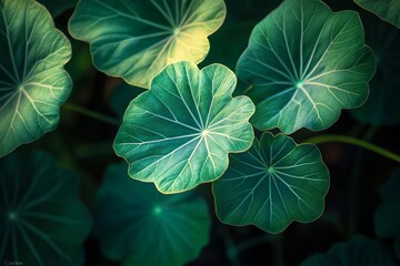 Poster - Lush green leaves with prominent veins and subtle lighting variations, creating a textured and vibrant natural pattern.