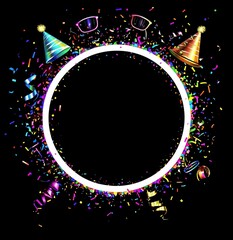 Poster - Festive circular frame with confetti, party hats, and glasses.