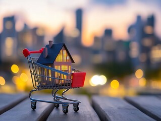 Poster - Miniature house in shopping cart against city skyline at sunset.