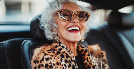 Stylish elderly woman with white hair and bold sunglasses laughs joyfully while seated in a car, wearing a leopard-print coat and red lipstick. World Smile Day.	