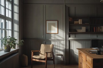 Aufkleber - Sunlit minimalist home office with wooden desk, chair, bookshelves, and plant.