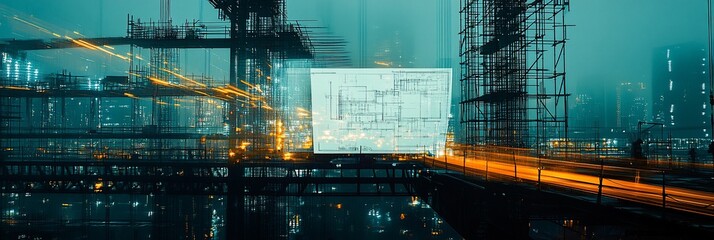 Poster - Urban cityscape at night with construction, blueprints, and light trails.