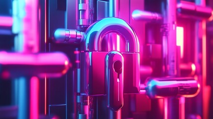 Aufkleber - Padlock in vibrant neon light, futuristic abstract tech background.