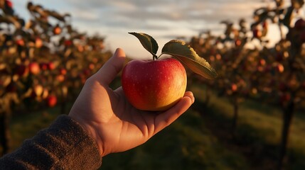 Poster - Hand holding a ripe red apple in an orchard at sunset.