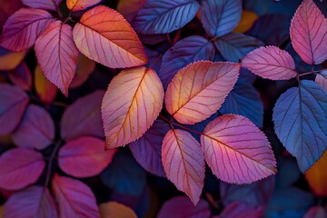 Poster - Vibrant autumn leaves in shades of red, orange, and purple. Close-up view showcasing intricate leaf veins and textures.