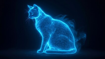 Leinwandbilder - Glowing blue cat, digital art, energy, feline, pet, animal, wireframe, abstract.